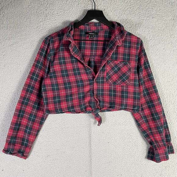 Forever 21 Plaid Flannel Button Front Long Sleeve Crop Tie Shirt Red L - Picture 3 of 9